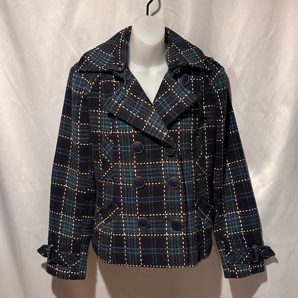 Navy Turqoise Wool Blend Tailored Blazer Coat Epaulets Size Large